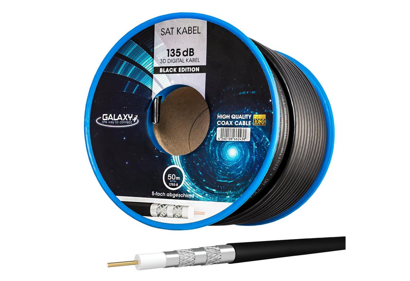 HB-DIGITAL Koaxial Kabel 100m Galaxy 135dB 5-Fach geschirmt Stahl Kupfer SAT-Kabel, (10000 cm), UV-stabile, strapazierfähige Ummantelung von HB-DIGITAL