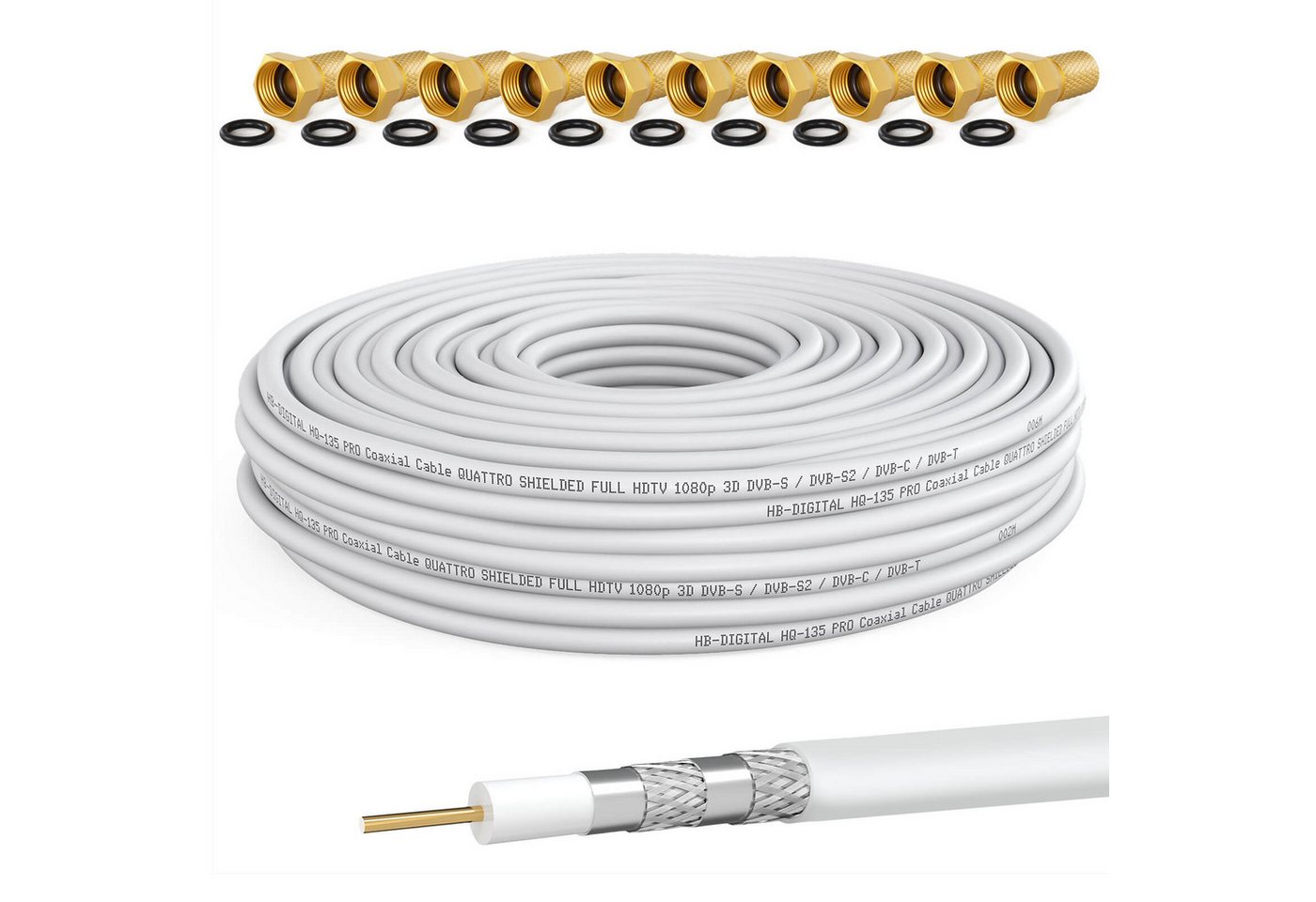 HB-DIGITAL Koaxialkabel 50m HQ 135dB 4-Fach geschirmt Stahl Kupfer 10x F Stecker SAT-Kabel, F Stecker, (5000 cm), UV- Wasser und Temperaturbeständig von HB-DIGITAL