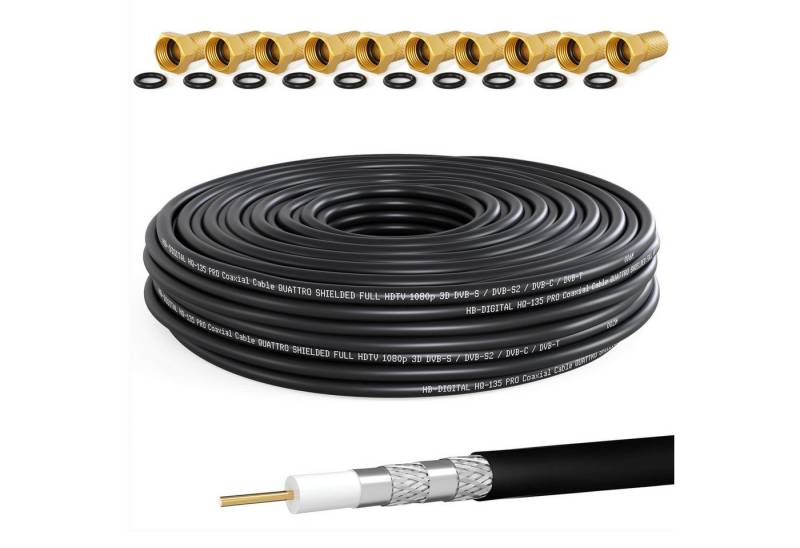 HB-DIGITAL Koaxialkabel 50m HQ 135dB 4-Fach geschirmt Stahl Kupfer 10x F Stecker SAT-Kabel, F Stecker, (5000 cm), UV- Wasser und Temperaturbeständig von HB-DIGITAL