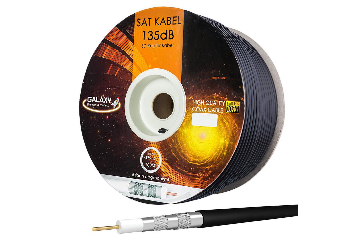 HB-DIGITAL Koaxkabel 100m Galaxy 135dB 5-Fach Reines Kupfer SAT-Kabel, (10000 cm), UV-stabile, strapazierfähige Ummantelung von HB-DIGITAL