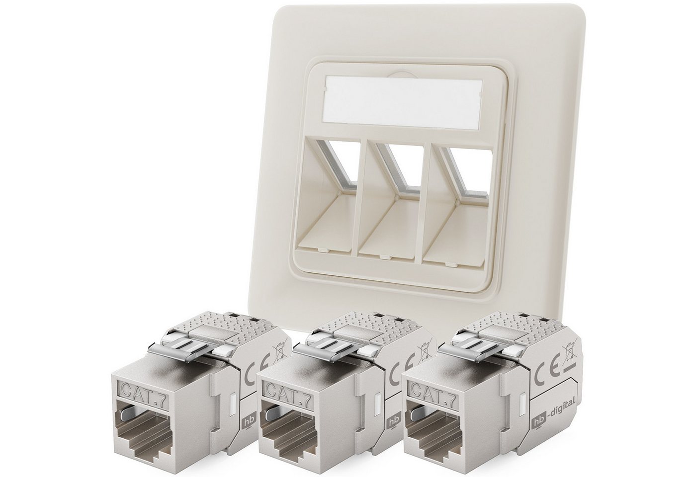 HB-DIGITAL Netzwerkdose 3 Port mit 3x Keystone Modul CAT 7 RJ45 Unterputz RAL9010 Netzwerk-Adapter, Voll geschirmtes Zinkdruckgussgehäuse von HB-DIGITAL