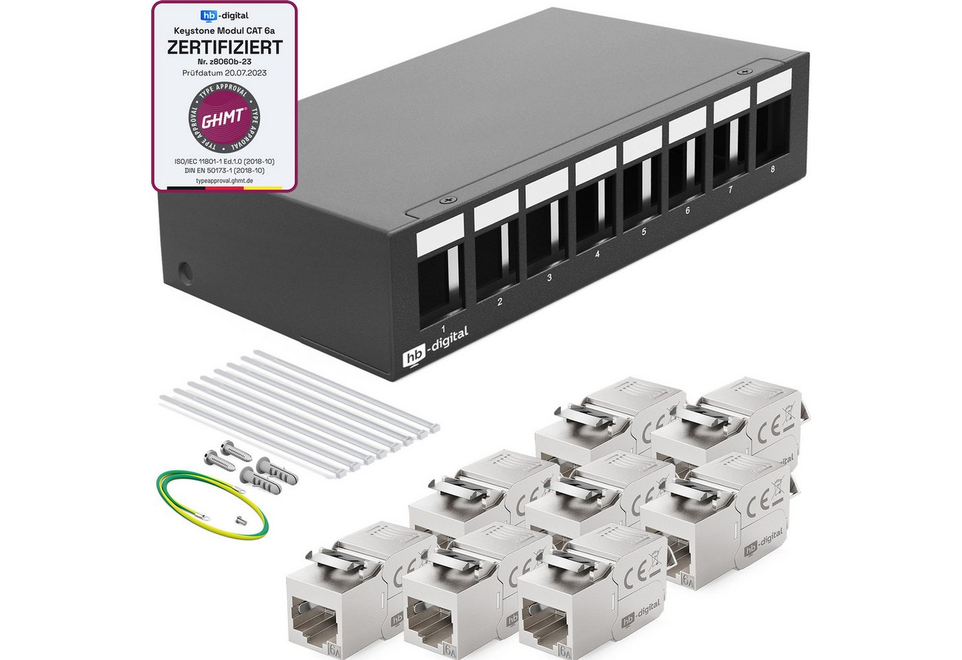 HB-DIGITAL Patch Panel 8 Port mit 8x Keystone Cat 6a GHMT Patchfeld schwarz Netzwerk-Panel (8 Port, 1 HE, mit Cat 6a Keystone Modul RJ45) von HB-DIGITAL