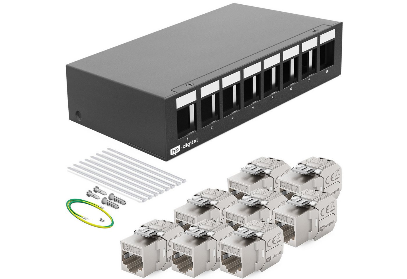 HB-DIGITAL Patchpanel 8 Port mit 8x Keystone Cat 7 Netzwerk Patchbox schwarz Netzwerk-Panel (8 Port, 1 HE, mit Cat 7 Keystone Modul RJ45) von HB-DIGITAL