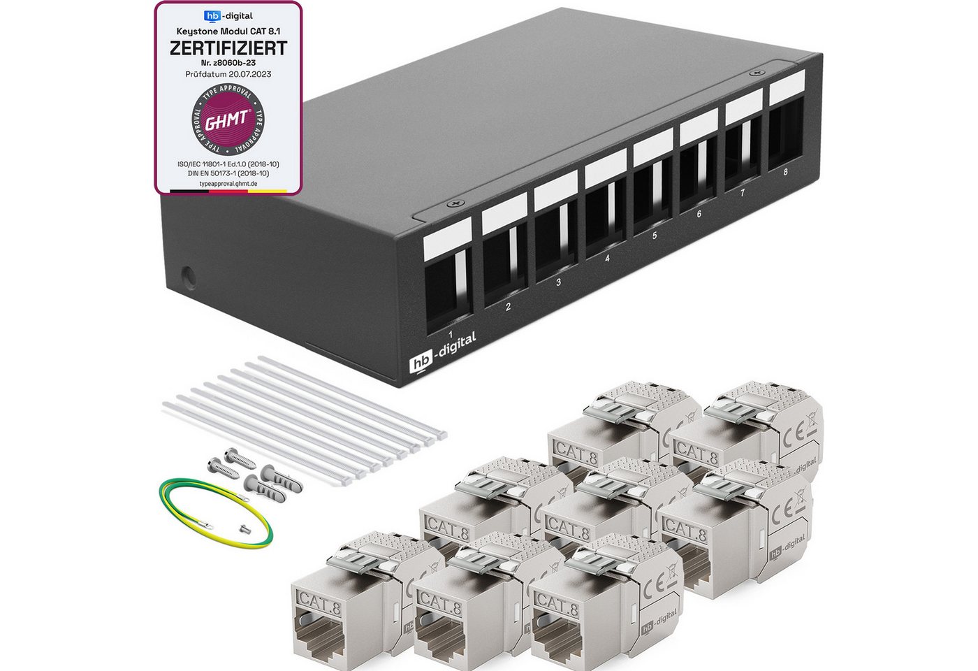 HB-DIGITAL Patchpanel 8 Port mit 8x Keystone Cat 8 Netzwerk Patchfeld schwarz Netzwerk-Panel (8 Port, 1 HE, mit CAT 8.1 Keystone Modul RJ45) von HB-DIGITAL