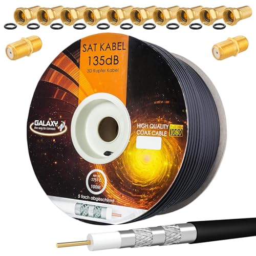 HB-DIGITAL SET 100m Koaxial SAT Kabel 135db Schwarz + 10x F-Stecker & 2x F-Verbinder vergoldet | CU Kupfer Satellit Antennenkabel 5-Fach geschirmt für DVB-S/S2 -C/C2 -T/T2 DAB+ Radio BK Anlagen von HB-DIGITAL