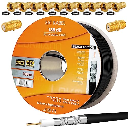 HB-DIGITAL SET 100m Koaxial SAT Kabel 135db Schwarz + 10x F-Stecker & 2xF-Verbinder vergoldet | CCS Stahl-Kupfer Satellit Antennenkabel 5-Fach geschirmt für DVB-S/S2 -C/C2 -T/T2 DAB+Radio BK Anlagen HB-DIGITAL SET 100m Koaxial SAT Kabel 135db Schwarz + 10x F-Stecker & 2xF-Verbinder vergoldet | CCS Stahl-Kupfer Satellit Antennenkabel 5-Fach geschirmt für DVB-S/S2 -C/C2 -T/T2 DAB+Radio BK Anlagen von HB-DIGITAL