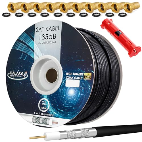 HB-DIGITAL SET 100m Koaxial SAT Kabel 135db Schwarz + 10x F-Stecker vergoldet + 1x Abisolierer | CCS Stahl Kupfer Satellit Antennenkabel 5-Fach geschirmt für DVB-S/S2 -C/C2 -T/T2 DAB+ Radio Anlagen von HB-DIGITAL