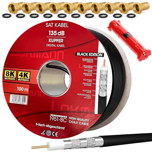 HB-DIGITAL SET 100m Koaxial SAT Kabel 135db Schwarz + 10x F-Stecker vergoldet + 1x Abisolierer | CU Reines Kupfer Satellit Antennenkabel 5-Fach geschirmt für DVB-S/S2 -C/C2 -T/T2 DAB+ Radio Anlagen HB-DIGITAL SET 100m Koaxial SAT Kabel 135db Schwarz + 10x F-Stecker vergoldet + 1x Abisolierer | CU Reines Kupfer Satellit Antennenkabel 5-Fach geschirmt für DVB-S/S2 -C/C2 -T/T2 DAB+ Radio Anlagen von HB-DIGITAL