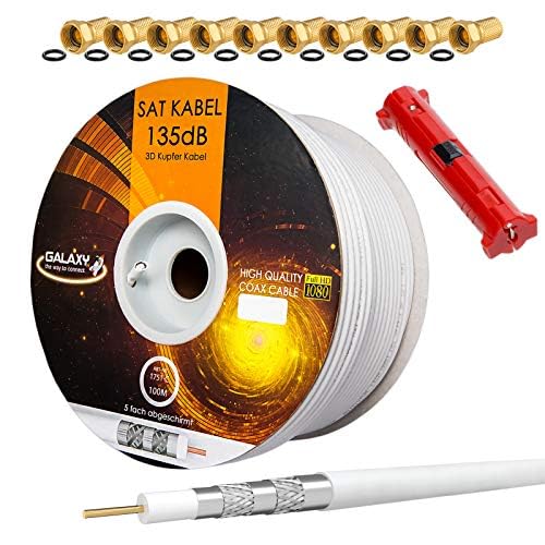 HB-DIGITAL SET 100m Koaxial SAT Kabel 135db Weiß + 10x F-Stecker vergoldet + 1x Abisolierer | CU Reines Kupfer Satellit Antennenkabel 5-Fach geschirmt für DVB-S/S2 -C/C2 -T/T2 DAB+ Radio BK Anlagen von HB-DIGITAL