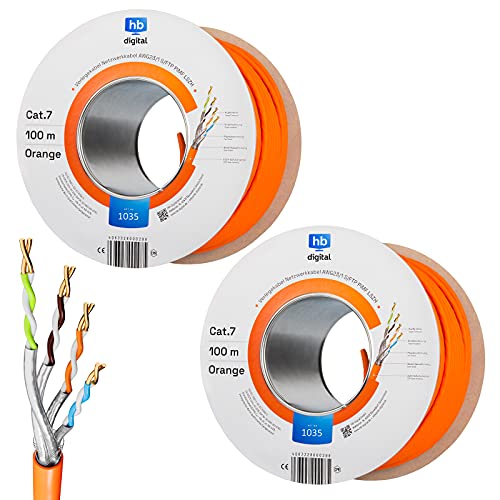 HB-DIGITAL SET 200m CAT.7 Netzwerkkabel (2 x 100Meter) LAN Verlegekabel AWG23 Installationskabel Reines Kupfer S/FTP LSZH Halogenfrei RoHS-Compliant Ethernet PoE 10Gbit/s GHMT Zertifiziert Orange von HB-DIGITAL