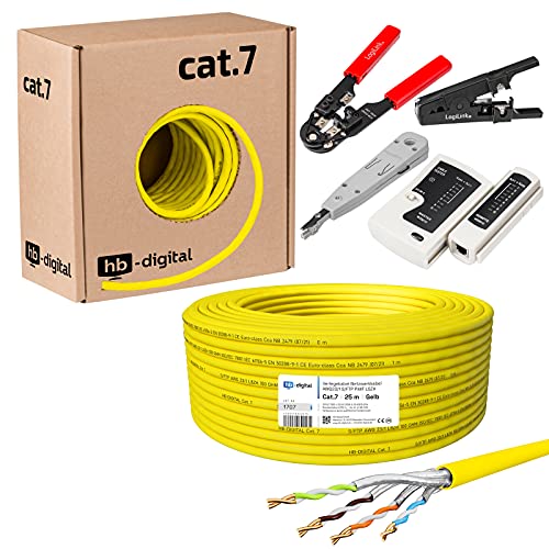 HB-DIGITAL SET 25m CAT.7 Netzwerkkabel LAN Verlegekabel AWG 23 Reines Kupfer S/FTP PiMF LSZH Halogenfrei RoHS-Compliant GHMT-zertifiziert Ethernet PoE 10Gbit/s 1000MHz Gelb + 1x Werkzeugset von HB-DIGITAL