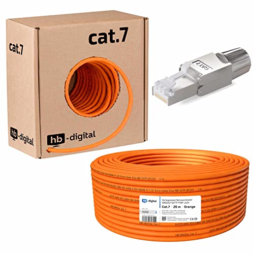 HB-DIGITAL SET 25m CAT.7 Netzwerkkabel LAN Verlegekabel AWG 23 Reines Kupfer S/FTP PiMF LSZH Halogenfrei RoHS-Compliant GHMT-zertifiziert Ethernet PoE 10Gbit/s 1000MHz Orange + 10x Netzwerkstecker von HB-DIGITAL