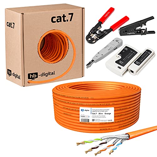 HB-DIGITAL SET 25m CAT.7 Netzwerkkabel LAN Verlegekabel AWG 23 Reines Kupfer S/FTP PiMF LSZH Halogenfrei RoHS-Compliant GHMT-zertifiziert Ethernet PoE 10Gbit/s 1000MHz Orange + 1x Werkzeugset von HB-DIGITAL