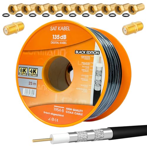 HB-DIGITAL SET 25m Koaxial SAT Kabel 135db Schwarz + 10x F-Stecker & 2x F-Verbinder vergoldet | CCS Stahl-Kupfer Satellit Antennenkabel 5-Fach geschirmt für DVB-S/S2 -C/C2 -T/T2 DAB+Radio BK Anlagen HB-DIGITAL SET 25m Koaxial SAT Kabel 135db Schwarz + 10x F-Stecker & 2x F-Verbinder vergoldet | CCS Stahl-Kupfer Satellit Antennenkabel 5-Fach geschirmt für DVB-S/S2 -C/C2 -T/T2 DAB+Radio BK Anlagen von HB-DIGITAL