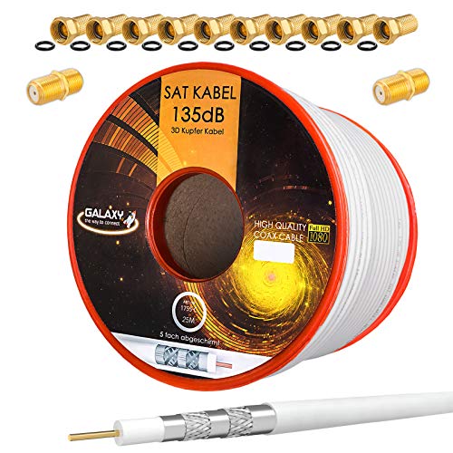 HB-DIGITAL SET 25m Koaxial SAT Kabel 135db Weiß + 10x F-Stecker & 2x F-Verbinder vergoldet | CU Kupfer Satellit Antennenkabel 5-Fach geschirmt für DVB-S/S2 -C/C2 -T/T2 DAB+ Radio BK Anlagen von HB-DIGITAL