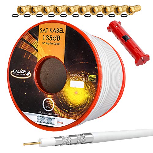 HB-DIGITAL SET 25m Koaxial SAT Kabel 135db Weiß + 10x F-Stecker vergoldet + 1x Abisolierer | CU Reines Kupfer Satellit Antennenkabel 5-Fach geschirmt für DVB-S/S2 -C/C2 -T/T2 DAB+ Radio BK Anlagen von HB-DIGITAL