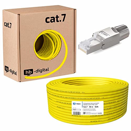 HB-DIGITAL SET 50m CAT.7 Netzwerkkabel LAN Verlegekabel AWG 23 Reines Kupfer S/FTP PiMF LSZH Halogenfrei RoHS-Compliant GHMT-zertifiziert Ethernet PoE 10Gbit/s 1000MHz Gelb + 10x Netzwerkstecker von HB-DIGITAL