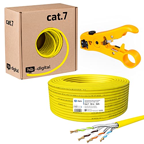 HB-DIGITAL SET 50m CAT.7 Netzwerkkabel LAN Verlegekabel AWG 23 Reines Kupfer S/FTP PiMF LSZH Halogenfrei RoHS-Compliant GHMT-zertifiziert Ethernet PoE 10Gbit/s 1000MHz Gelb + 1x Abisolierer von HB-DIGITAL