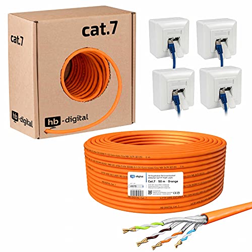 HB-DIGITAL SET 50m CAT.7 Netzwerkkabel LAN Verlegekabel AWG 23 Reines Kupfer S/FTP PiMF LSZH Halogenfrei RoHS-Compliant GHMT-zertifiziert Ethernet PoE 10Gbit/s 1000MHz Orange + 4x Netzwerkdose von HB-DIGITAL