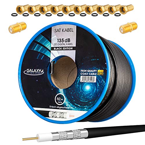 HB-DIGITAL SET 50m Koaxial SAT Kabel 135db Schwarz + 10x F-Stecker & 2x F-Verbinder vergoldet | CCS Stahl-Kupfer Satellit Antennenkabel 5-Fach geschirmt für DVB-S/S2 -C/C2 -T/T2 DAB+Radio BK Anlagen von HB-DIGITAL