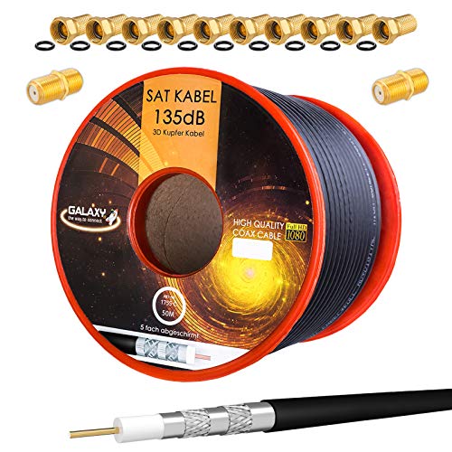 HB-DIGITAL SET 50m Koaxial SAT Kabel 135db Schwarz + 10x F-Stecker & 2x F-Verbinder vergoldet | CU Kupfer Satellit Antennenkabel 5-Fach geschirmt für DVB-S/S2 -C/C2 -T/T2 DAB+ Radio BK Anlagen von HB-DIGITAL