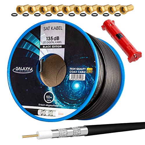 HB-DIGITAL SET 50m Koaxial SAT Kabel 135db Schwarz + 10x F-Stecker vergoldet + 1x Abisolierer | CCS Stahl Kupfer Satellit Antennenkabel 5-Fach geschirmt für DVB-S/S2 -C/C2 -T/T2 DAB+ Radio Anlagen von HB-DIGITAL