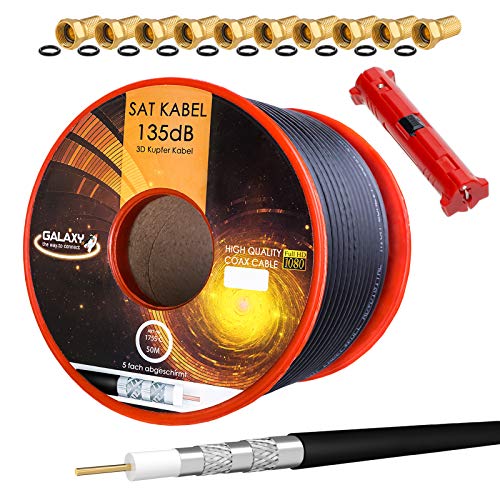 HB-DIGITAL SET 50m Koaxial SAT Kabel 135db Schwarz + 10x F-Stecker vergoldet + 1x Abisolierer | CU Reines Kupfer Satellit Antennenkabel 5-Fach geschirmt für DVB-S/S2 -C/C2 -T/T2 DAB+ Radio Anlagen von HB-DIGITAL