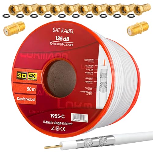 HB-DIGITAL SET 50m Koaxial SAT Kabel 135db Weiß + 10x F-Stecker & 2x F-Verbinder vergoldet | CU Kupfer Satellit Antennenkabel 5-Fach geschirmt für DVB-S/S2 -C/C2 -T/T2 DAB+ Radio BK Anlagen von HB-DIGITAL