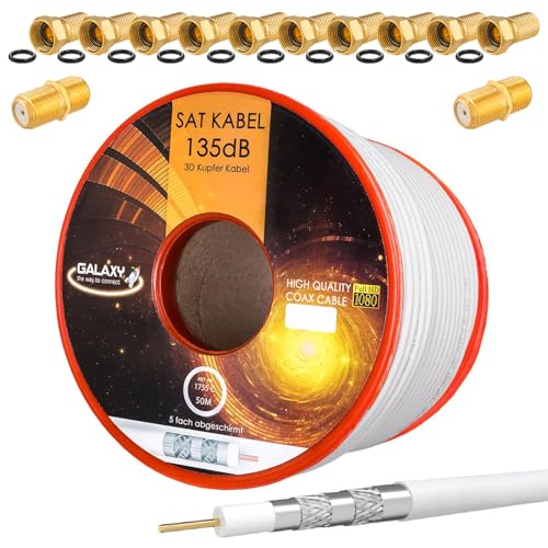 HB-DIGITAL SET 50m Koaxial SAT Kabel 135db Weiß + 10x F-Stecker & 2x F-Verbinder vergoldet | CU Kupfer Satellit Antennenkabel 5-Fach geschirmt für DVB-S/S2 -C/C2 -T/T2 DAB+ Radio BK Anlagen von HB-DIGITAL