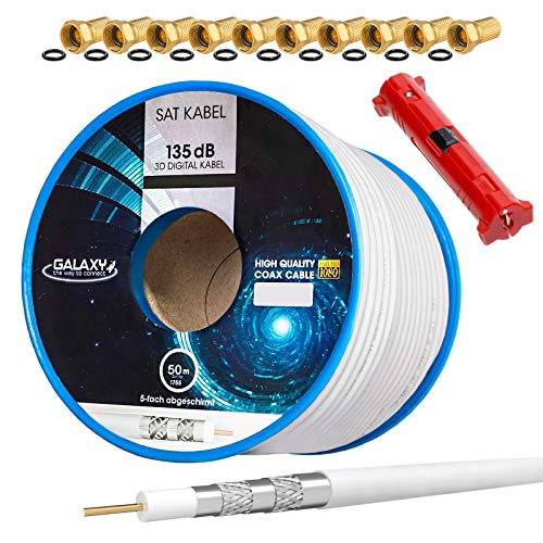 HB-DIGITAL SET 50m Koaxial SAT Kabel 135db Weiß + 10x F-Stecker vergoldet + 1x Abisolierer | CCS Stahl Kupfer Satellit Antennenkabel 5-Fach geschirmt für DVB-S/S2 -C/C2 -T/T2 DAB+ Radio Anlagen von HB-DIGITAL