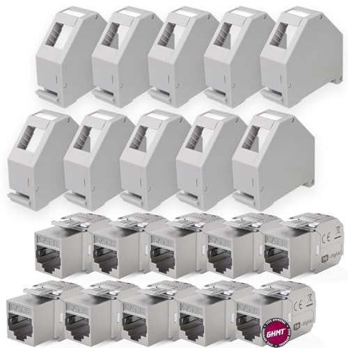 HB-DIGITAL SET: 10x Cat.8.1 Keystone Modul RJ45 + 10x Hutschienenadapter Keystone-Halterung für Hutschiene 35mm Standard | RJ35-Jack geschirmt werkzeuglose Montage Ethernet LAN Netzwerk STP LSA von HB-DIGITAL