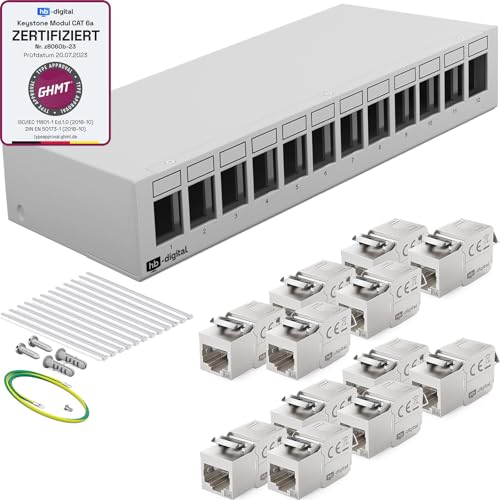 HB-DIGITAL 12-Port Patchpanel Patchfeld Verteilerfeld 1 HE 12x CAT 6a RJ45 Keystone Jack Modul - GHMT Zertifiziert - vollgeschirmt STP 10 Gbps Kompatibel mit Verlegekabel Netzwerkkabel LAN - Hellgrau von HB-DIGITAL
