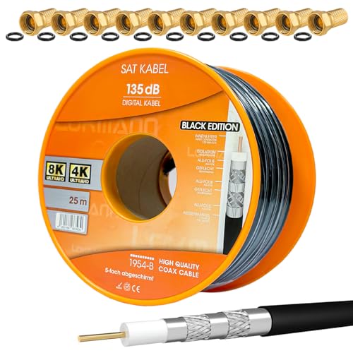 HB-DIGITAL SET: 25m Koaxial SAT Kabel 135db Schwarz + 10x F-Stecker vergoldet | CCS (Stahl-Kupfer) Satellit Antennenkabel 5-Fach geschirmt für DVB-S/S2 DVB-C/C2 DVB-T/T2 DAB+ Radio BK Anlagen von HB-DIGITAL