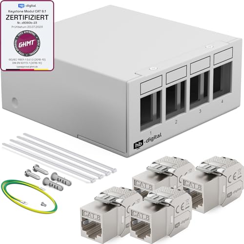 HB-DIGITAL 4-Port Patchpanel Patchfeld Verteilerfeld 1 HE 4x CAT 8 RJ45 Keystone Jack Modul - GHMT Zertifiziert - vollgeschirmt STP 40 Gbps Kompatibel mit Verlegekabel Netzwerkkabel LAN - Hellgrau von HB-DIGITAL