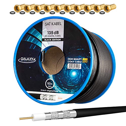 HB-DIGITAL SET: 50m Koaxial SAT Kabel 135db Schwarz + 10x F-Stecker vergoldet | CCS (Stahl-Kupfer) Satellit Antennenkabel 5-Fach geschirmt für DVB-S/S2 DVB-C/C2 DVB-T/T2 DAB+ Radio BK Anlagen von HB-DIGITAL