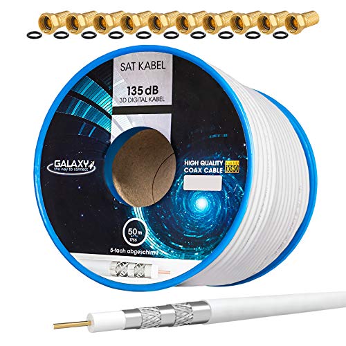HB-DIGITAL SET: 50m Koaxial SAT Kabel 135db Weiß + 10x F-Stecker vergoldet | CCS (Stahl-Kupfer) Satellit Antennenkabel 5-Fach geschirmt für DVB-S/S2 DVB-C/C2 DVB-T/T2 DAB+ Radio BK Anlagen von HB-DIGITAL