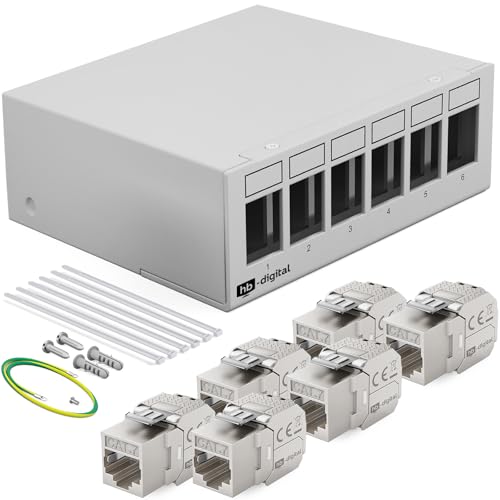 HB-DIGITAL 6-Port Patchpanel Patchfeld Verteilerfeld 1 HE 6x CAT 7 RJ45 Keystone Jack Modul vollgeschirmt STP 10 Gbps Kompatibel mit Verlegekabel Netzwerkkabel Ethernet LAN - Hellgrau von HB-DIGITAL