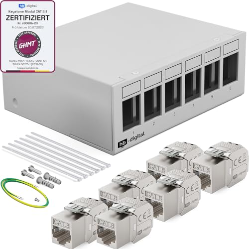 HB-DIGITAL 6-Port Patchpanel Patchfeld Verteilerfeld 1 HE 6x CAT 8 RJ45 Keystone Jack Modul - GHMT Zertifiziert - vollgeschirmt STP 40 Gbps Kompatibel mit Verlegekabel Netzwerkkabel LAN - Hellgrau von HB-DIGITAL