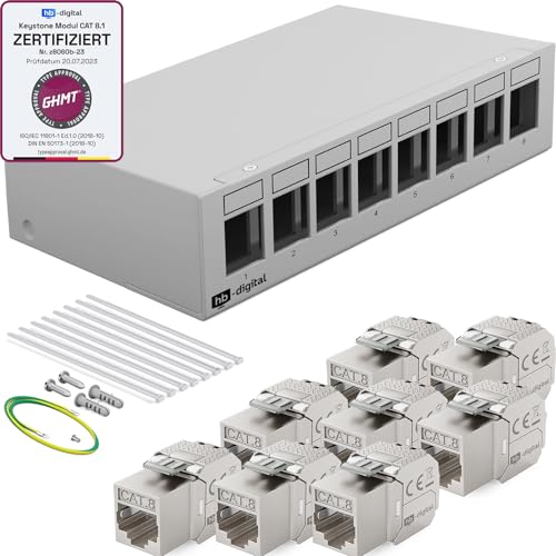 HB-DIGITAL 8-Port Patchpanel Patchfeld Verteilerfeld 1 HE 8x CAT 8 RJ45 Keystone Jack Modul - GHMT Zertifiziert - vollgeschirmt STP 40 Gbps Kompatibel mit Verlegekabel Netzwerkkabel LAN - Hellgrau HB-DIGITAL 8-Port Patchpanel Patchfeld Verteilerfeld 1 HE 8x CAT 8 RJ45 Keystone Jack Modul - GHMT Zertifiziert - vollgeschirmt STP 40 Gbps Kompatibel mit Verlegekabel Netzwerkkabel LAN - Hellgrau von HB-DIGITAL