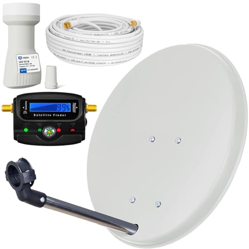 HB-DIGITAL Sat-Komplett-Set: Mini Sat Anlage 40cm Schüssel Hellgrau + LNB 0,1 dB + 10m Kabel + SAT-Finder mit digitaler Anzeige und vergoldeten Anschlüssen + Vergoldete F-Stecker + Gummitülle HDTV von HB-DIGITAL