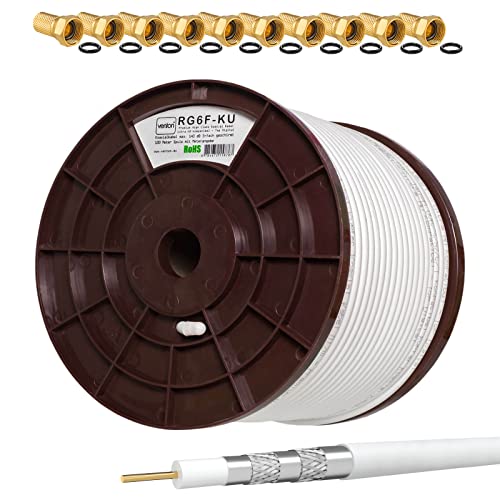 HB DIGITAL Set 140dB 100m Koaxial SAT Kabel Reines KU Kupfer Koax Kabel Antennenkabel 5-Fach geschirmt für DVB-S / S2 DVB-C und DVB-T BK Anlagen + 10 vergoldete F-Stecker mit Gummiring Set von HB-DIGITAL