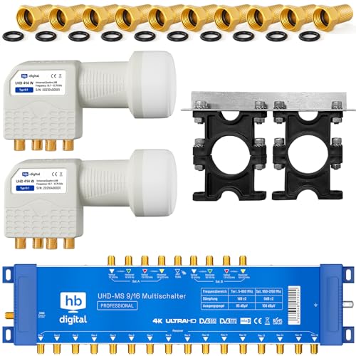 HB-DIGITAL Set: 2X Quattro LNB (Im Test: SEHR GUT) + Multischalter pmse 9/16 HB-DIGITAL 9 Satellit und bis zu 16 x Teilnehmer/Receiver für Full HDTV 3D 4K UHD mit Netzteil + 40 vergoldete F-Stecker von HB-DIGITAL