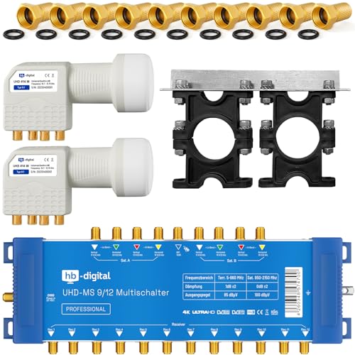 HB-DIGITAL Set: 2X Quattro LNB (Test: SEHR GUT) + Multischalter pmse 9/12 bis zu 9X Satellit und bis zu 12x Teilnehmer/Receiver für Full HDTV 3D 4K UHD mit Netzteil + 35 Vergoldete F-Stecker von HB-DIGITAL
