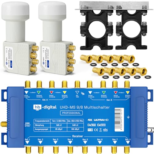 HB-DIGITAL Set: 2X Quattro LNB + Multischalter pmse 9/8 HB-DIGITAL 9X SAT bis 8 x Teilnehmer/Receiver für Full HDTV 3D 4K UHD mit Netzteil + 30 Vergoldete F-Stecker Gratis dazu HB-DIGITAL Set: 2X Quattro LNB + Multischalter pmse 9/8 HB-DIGITAL 9X SAT bis 8 x Teilnehmer/Receiver für Full HDTV 3D 4K UHD mit Netzteil + 30 Vergoldete F-Stecker Gratis dazu von HB-DIGITAL