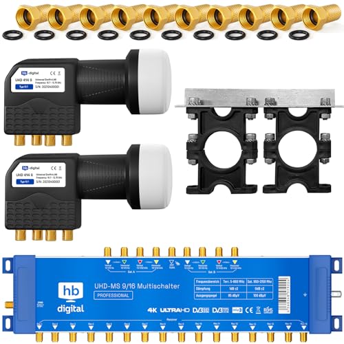 HB-DIGITAL Set: 2X Quattro LNB Schwarz (Test: SEHR GUT) + Multischalter pmse 9/16 HB-DIGITAL 9X Satellit & bis zu 16x Teilnehmer/Receiver für Full HDTV 3D 4K UHD Netzteil + 40 Vergoldete F-Stecker von HB-DIGITAL