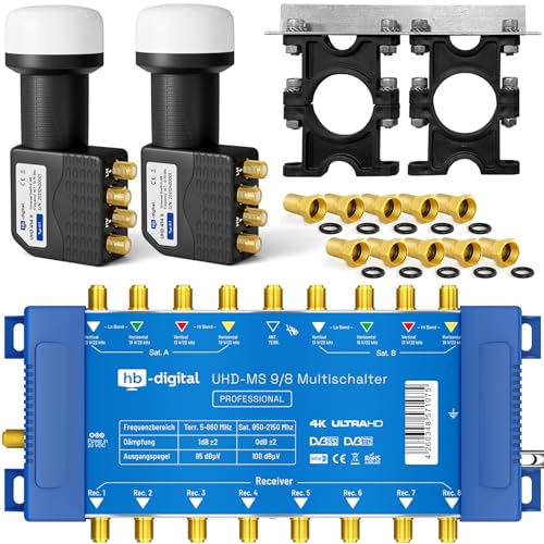 HB-DIGITAL Set: 2X Quattro LNB Schwarz (Test: SEHR GUT) + Multischalter pmse 9/8 9X Satellit und bis zu 8 x Teilnehmer/Receiver für Full HDTV 3D 4K UHD mit Netzteil + 30 Vergoldete F-Stecker von HB-DIGITAL