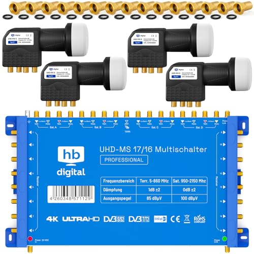HB-DIGITAL Set: Quattro LNB Schwarz (Im Test: SEHR GUT) + Multischalter pmse 17/16 bis zu 4X Satellit und bis zu 16x Teilnehmer/Receiver für HDTV 3D 4K UHD mit Netzteil + 50 Vergoldete F-Stecker von HB-DIGITAL