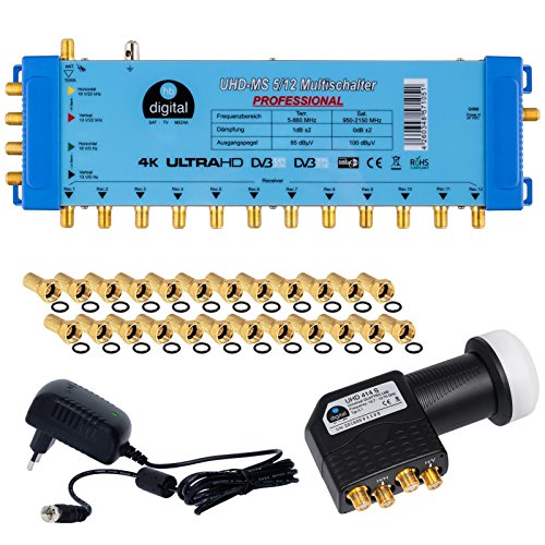 HB-DIGITAL Set: Quattro LNB Schwarz (Test: SEHR GUT) + Multischalter pmse 5/12 mit 1x Satellit und bis zu 12x Teilnehmer/Receiver für Full HDTV 3D 4K UHD mit Netzteil + 25 Vergoldete F-Stecker von HB-DIGITAL