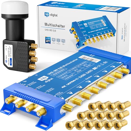 HB-DIGITAL Set: Quattro LNB Schwarz (Test: SEHR GUT) + Multischalter pmse 5/8 bis zu 1x Satellit und bis zu 8X Teilnehmer/Receiver für Full HDTV 3D 4K UHD mit Netzteil + 24 Vergoldete F-Stecker von HB-DIGITAL