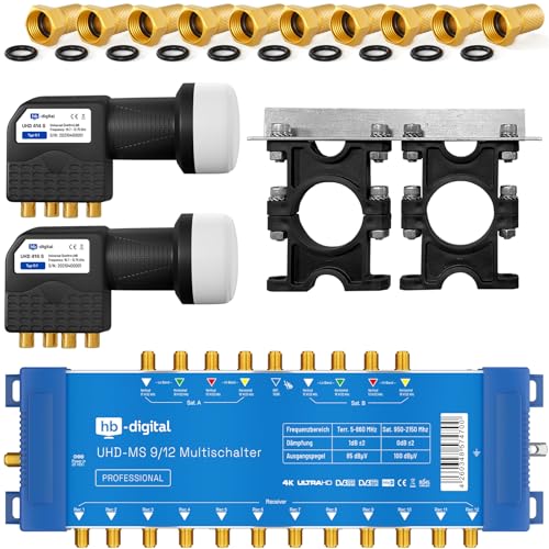 HB-DIGITAL Set: Quattro LNB Schwarz (Test: SEHR GUT) + Multischalter pmse 9/12 bis zu 2X Satelliten und bis zu 12x Teilnehmer/Receiver für HDTV 3D 4K UHD mit Netzteil + 35 Vergoldete F-Stecker von HB-DIGITAL